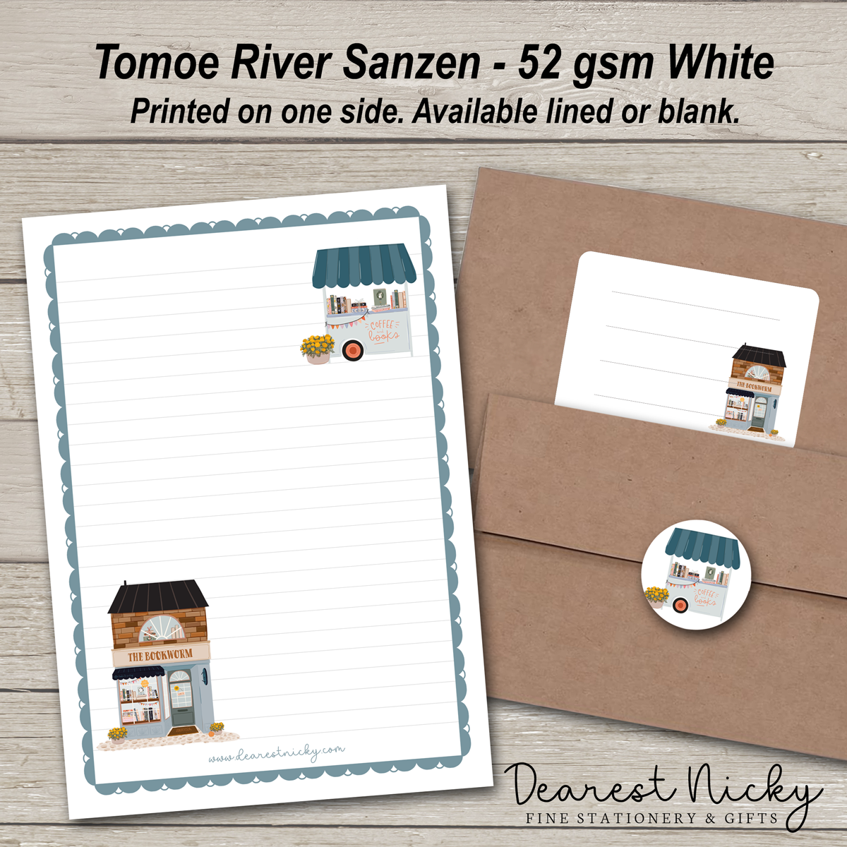 Stationery set with a building illustration on a white sheet, brown envelope, and matching sticker. Brand 'Dearest Nicky' visible.