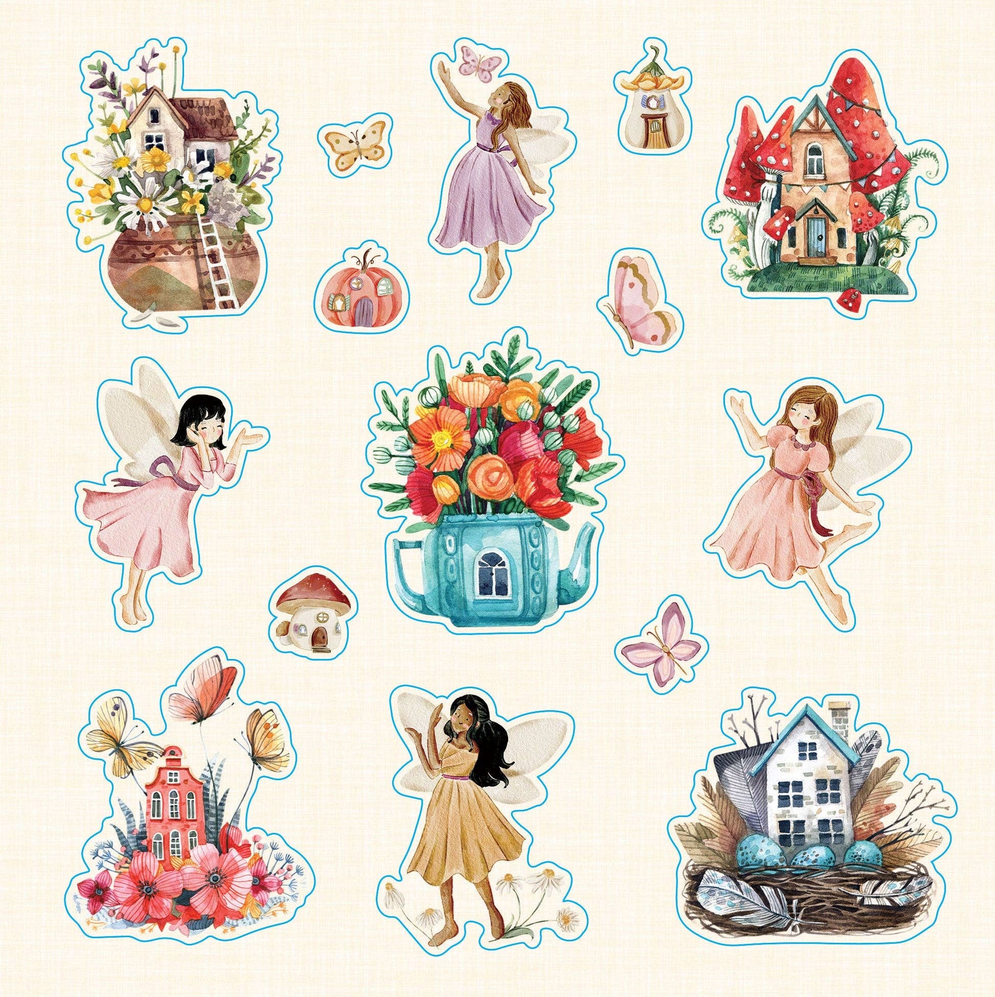 Collection of fairy-themed stickers on a beige background