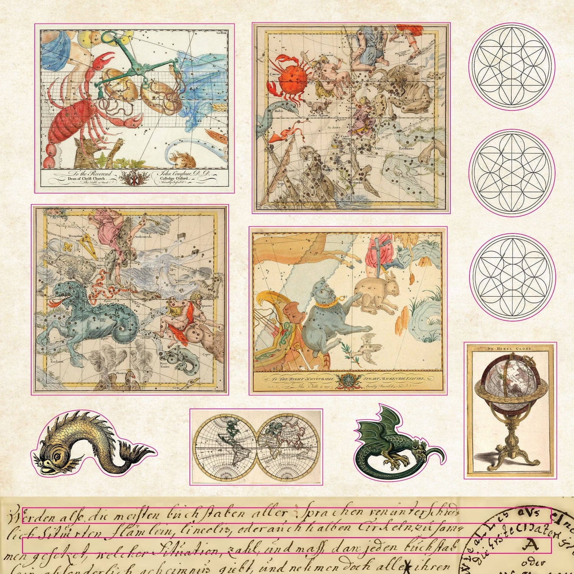 Collection of vintage astrological charts and symbols on a light background
