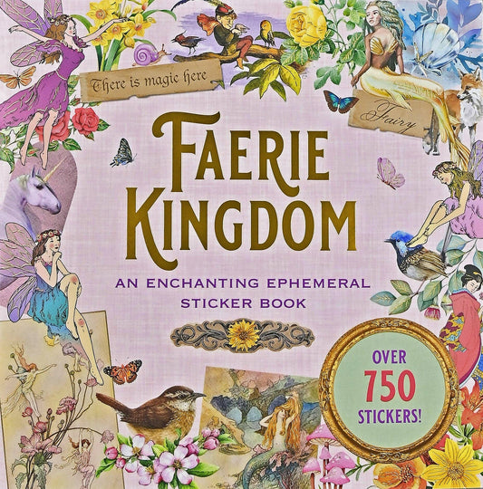 Cover of 'Faerie Kingdom' sticker book with fairies, flowers, and text on a colorful background.