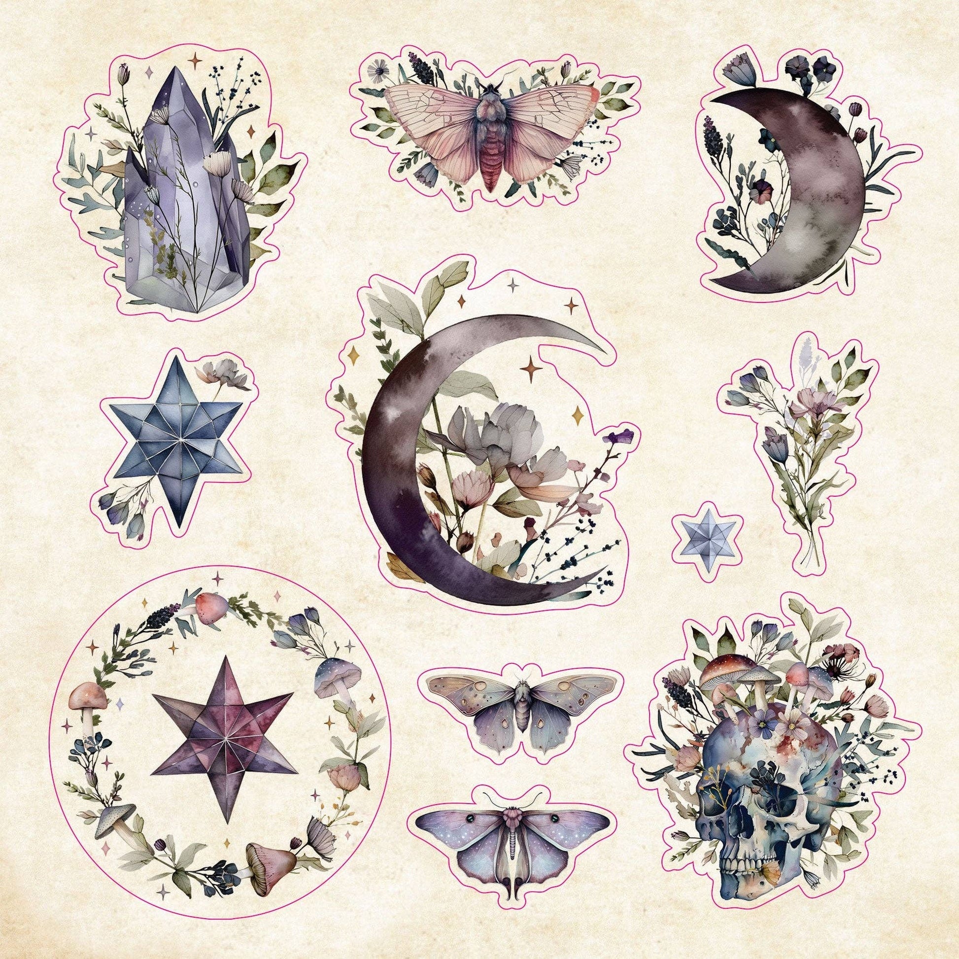 Set of nature-themed stickers with crystals, stars, moons, and butterflies on a beige background.