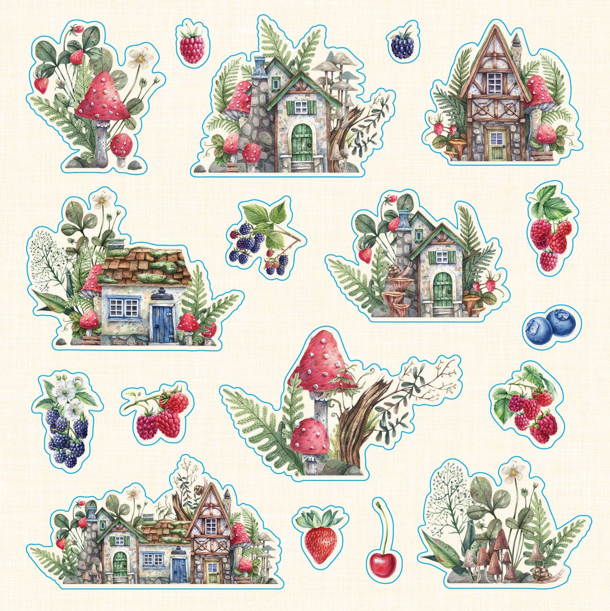 Set of decorative stickers featuring houses, plants, and berries on a beige background