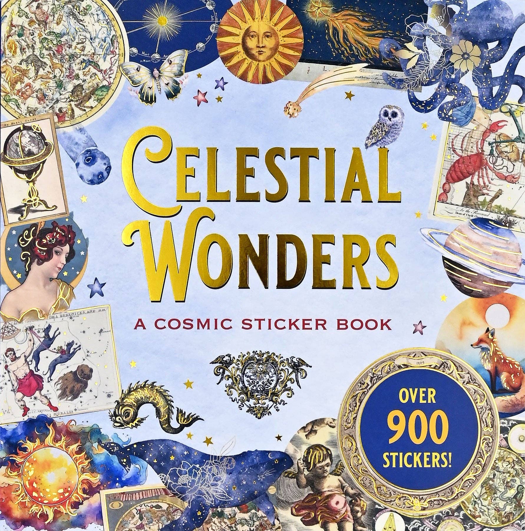 Cover of 'Celestial Wonders' sticker book with celestial designs and text.
