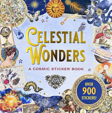 Cover of 'Celestial Wonders' sticker book with celestial designs and text.