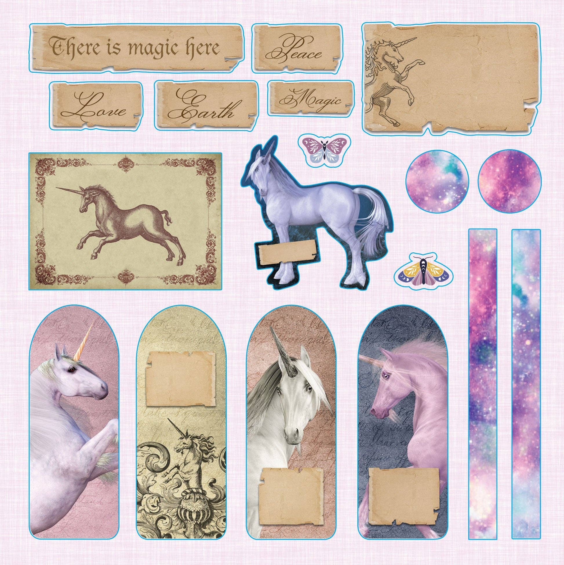 Decorative elements with unicorns, text, and space-themed designs on a light pink background.