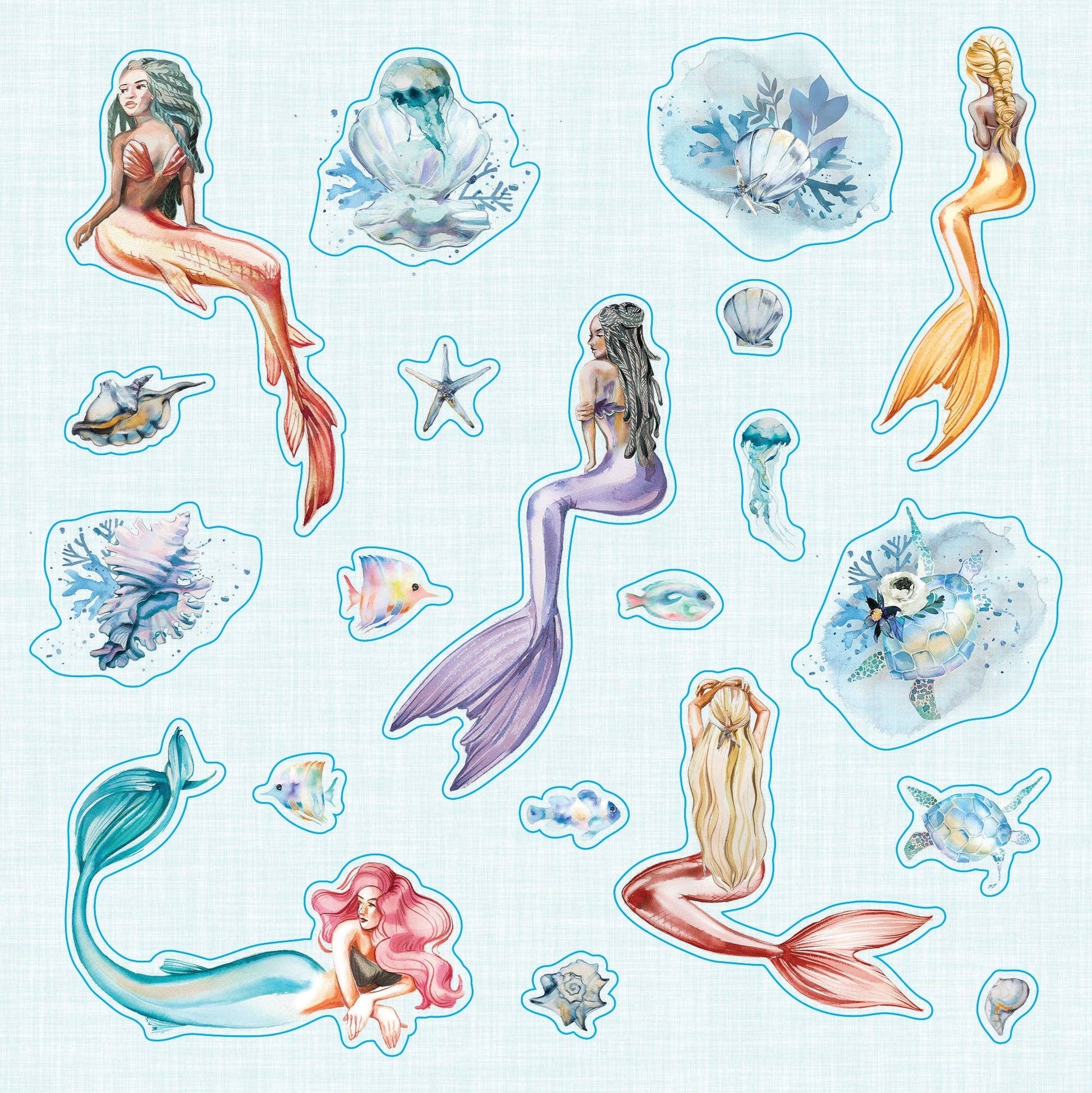 Set of mermaid-themed stickers with various mermaids and sea creatures on a light blue background.