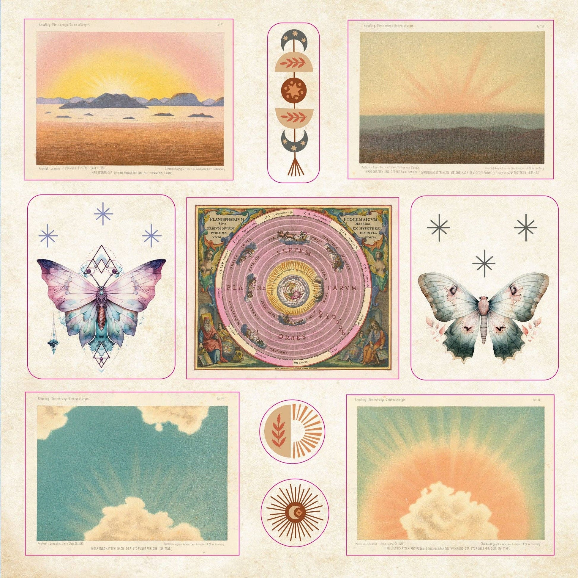 Collage of nature-themed illustrations including butterflies, landscapes, and circular designs.