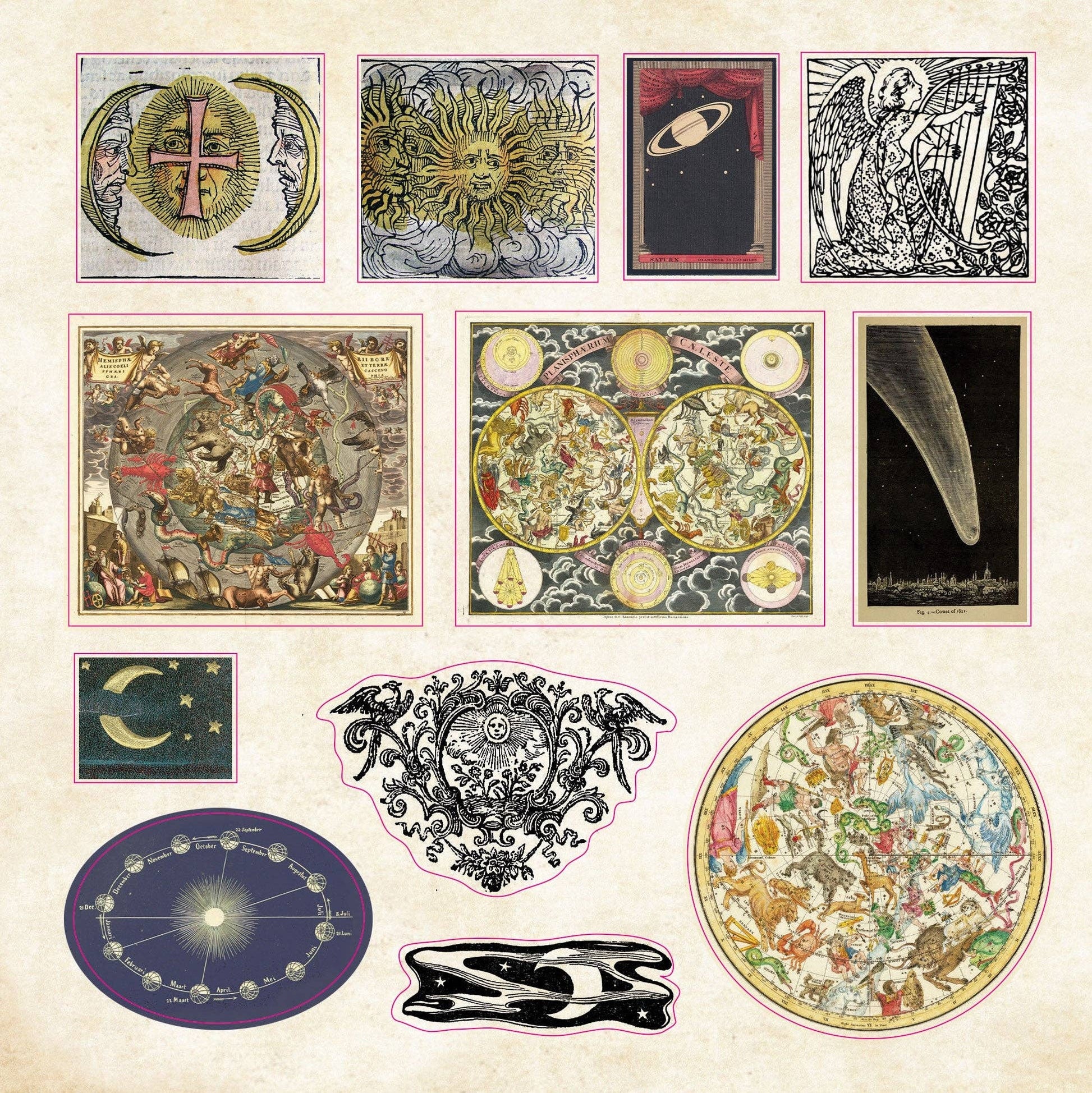 Collection of vintage celestial and astrological illustrations on a beige background