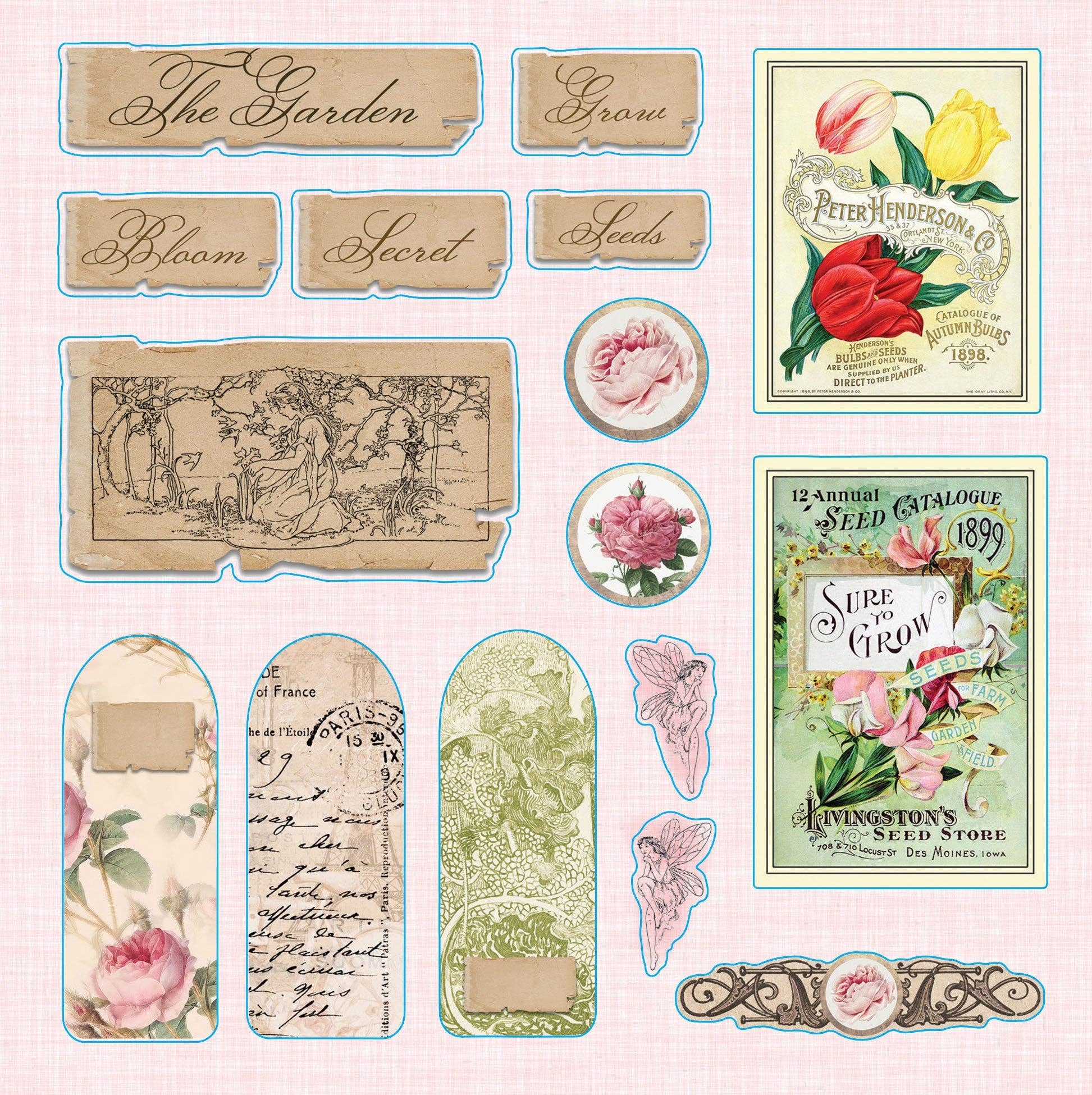 Collection of vintage-style seed packet designs with floral and botanical elements on a light pink background.