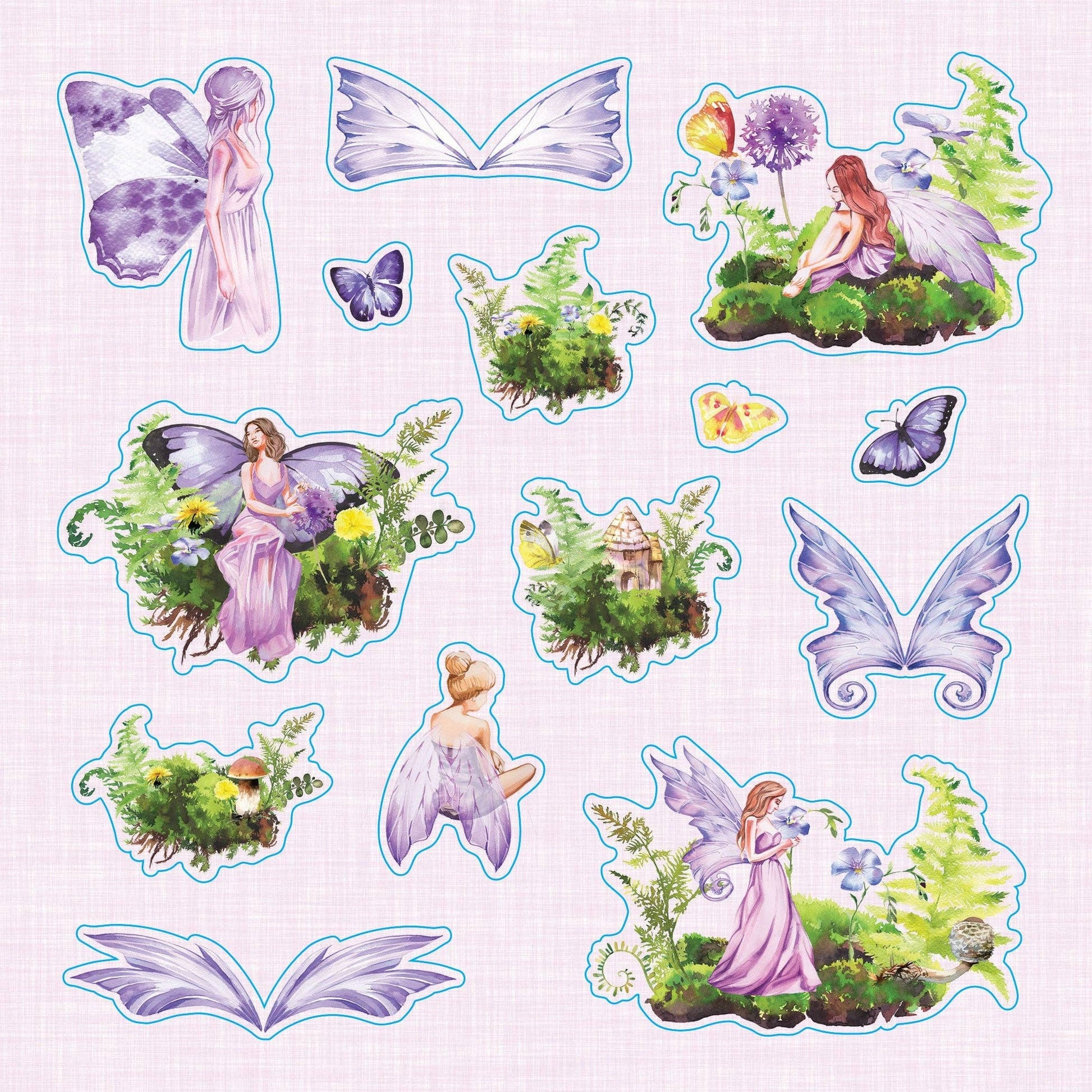 Set of fairy stickers with wings and garden scenes on a light pink background