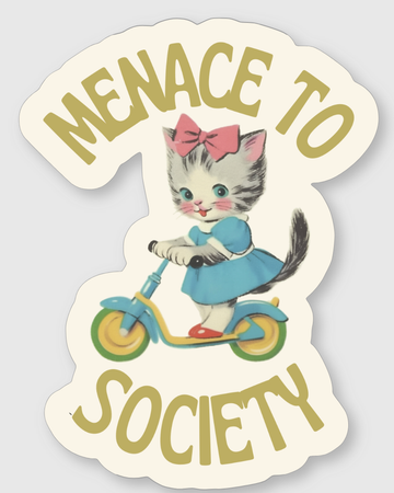 Sticker with a cat riding a bike and 'Menace to Society' text on a light gray background