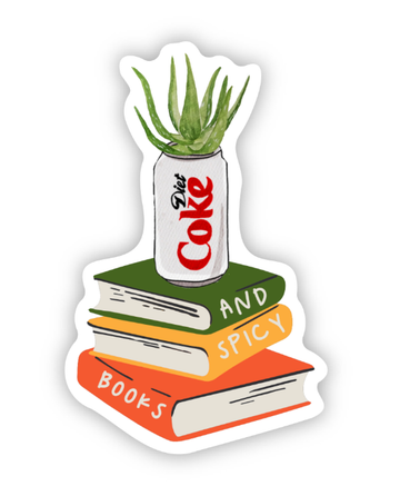 Sticker with a 'Diet Coke' can on books labeled 'And Spicy Books' on a white background