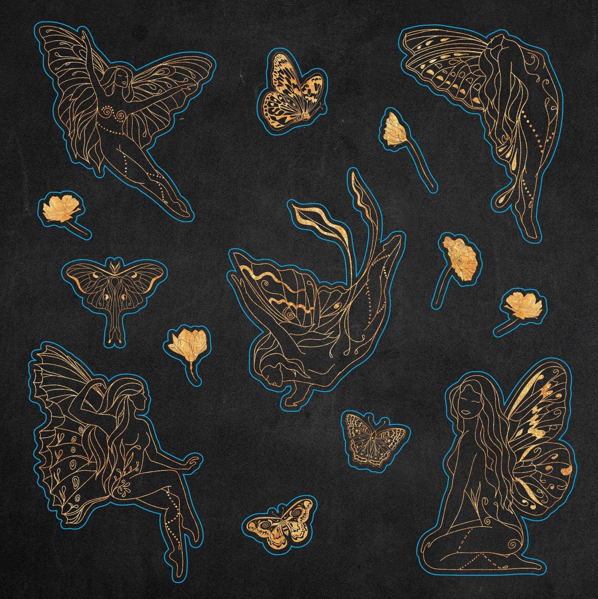 Decorative illustrations of butterflies and fairies on a dark background