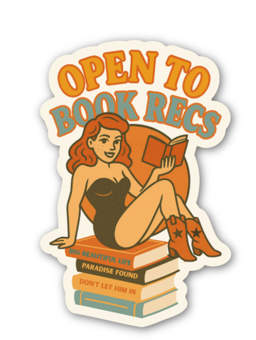 Sticker with a vintage-style illustration of a woman reading a book.
