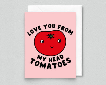 Greeting card with a tomato illustration and text on a pink background