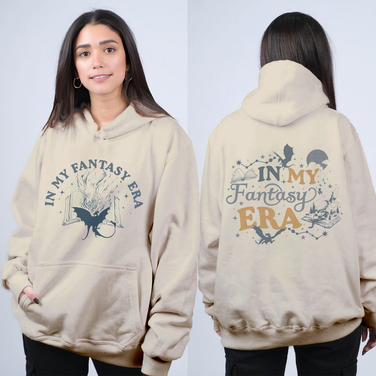 Beige hoodie with 'In My Fantasy Era' text and graphics on front and back worn by a person.