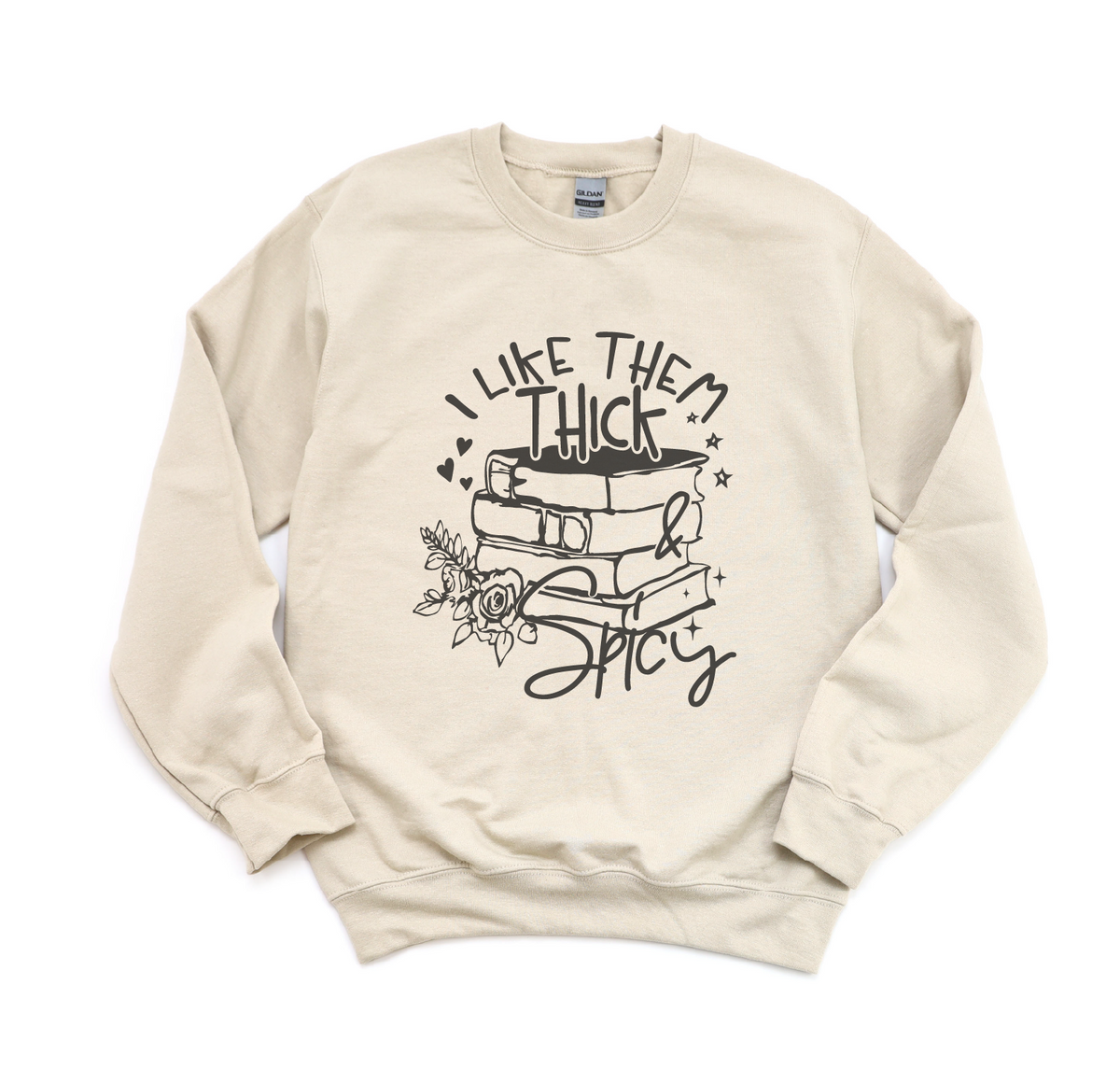 Beige sweatshirt with black graphic design and text on a white background