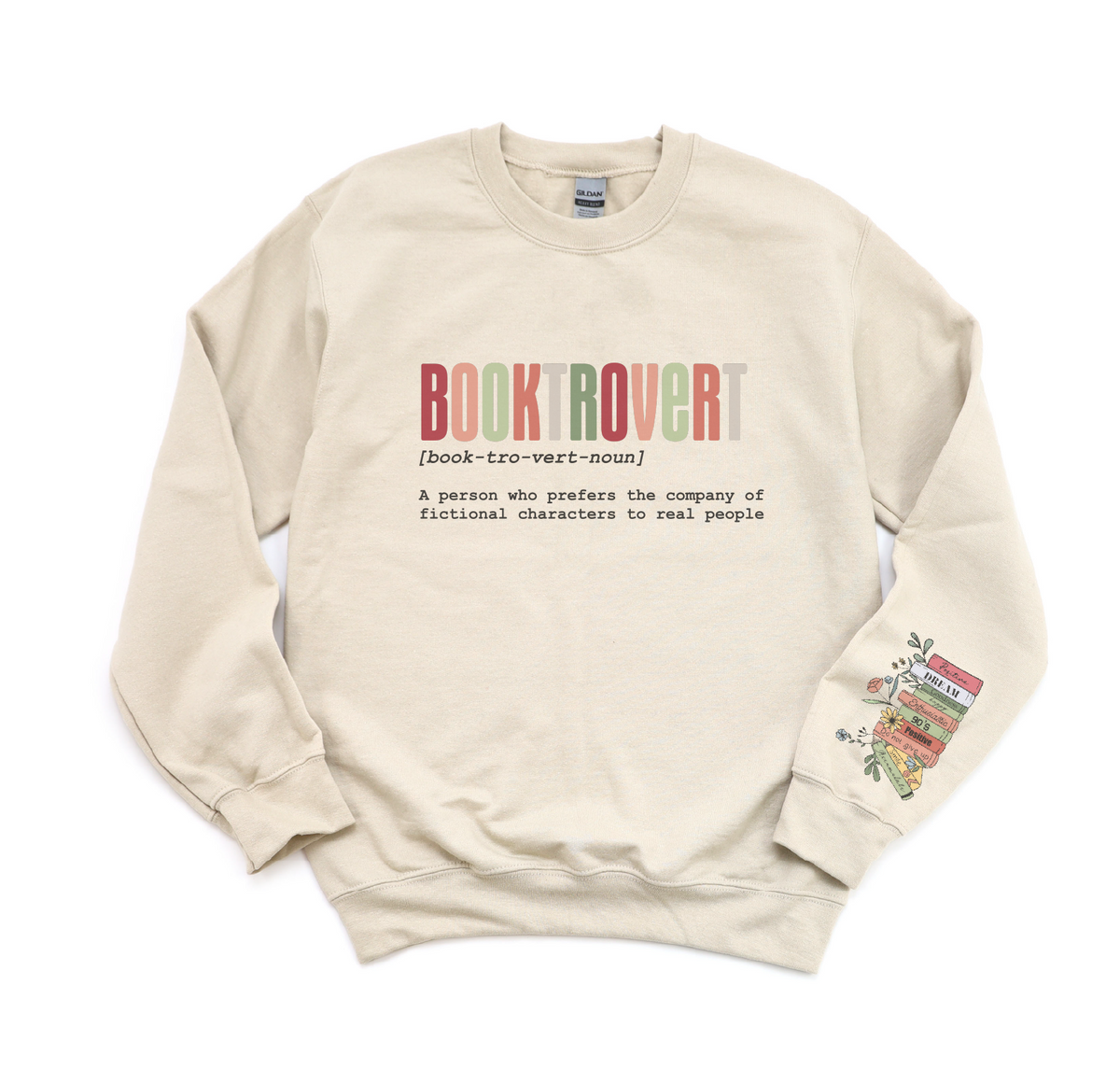 Beige sweatshirt with 'booktrovert' definition and graphic on a white background