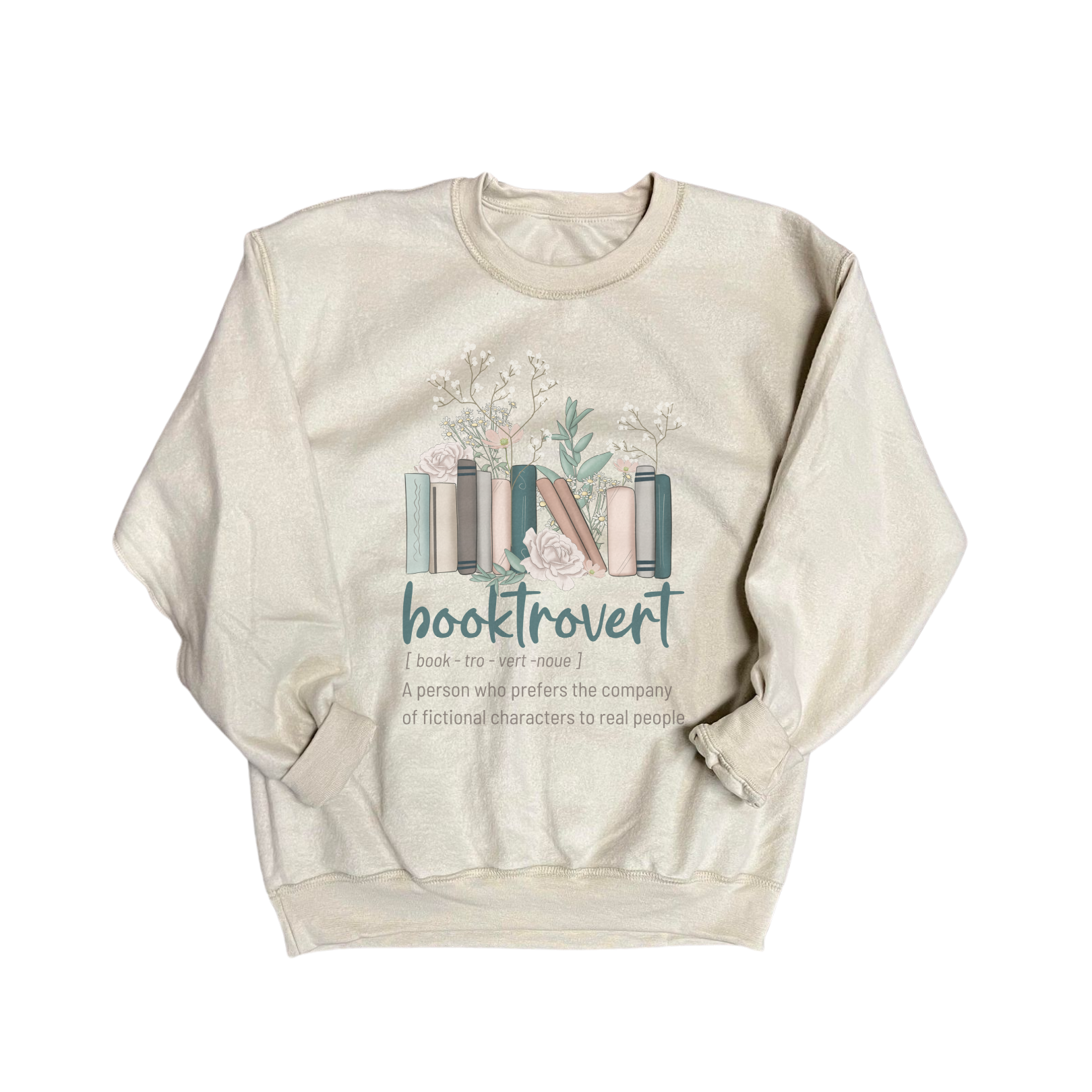 Beige sweatshirt with 'booktrovert' design and definition on a white background