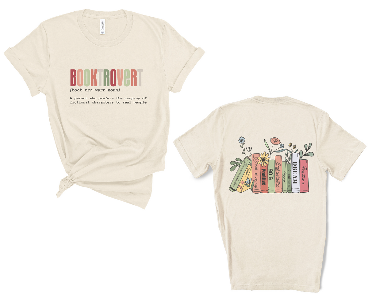 Beige t-shirt with 'Buck Rover' text on front and book graphic on back, on a white background