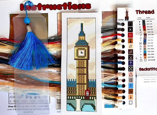 Collage of cross-stitching materials including a blue tassel, cross-stitch pattern, and thread chart.