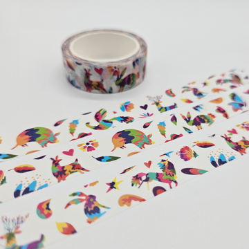 Colorful washi tape with animal and nature patterns on a white background