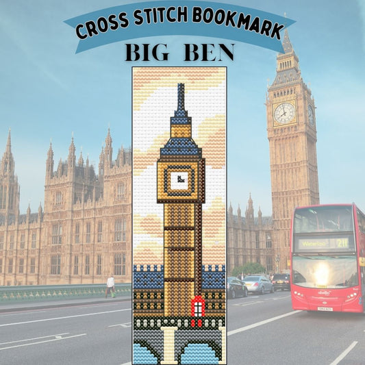 Cross stitch bookmark of Big Ben with London skyline and red bus in the background
