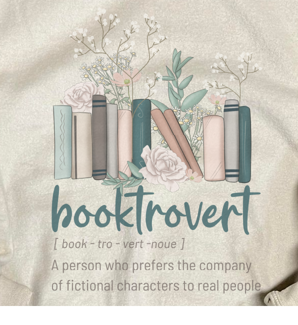 Decorative image with books and flowers on a textured background, featuring the word 'booktrovert'.