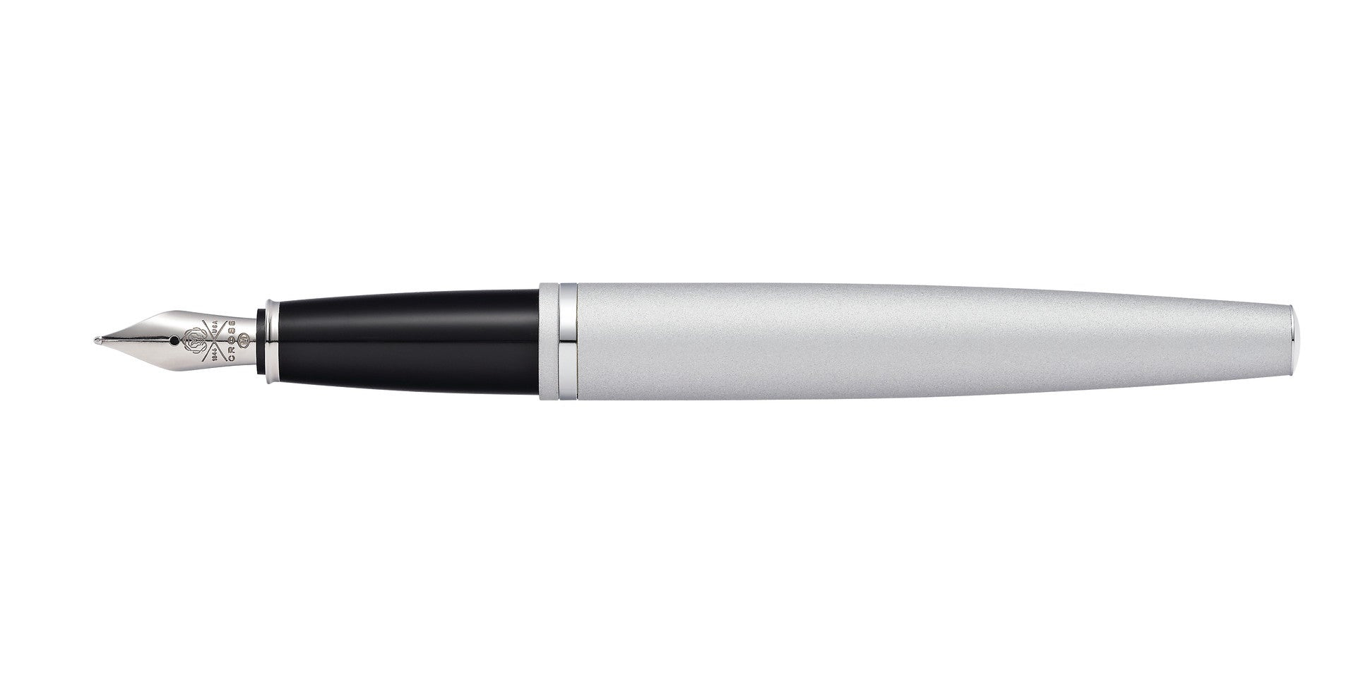 Fountain pen with silver body and black accents on a white background
