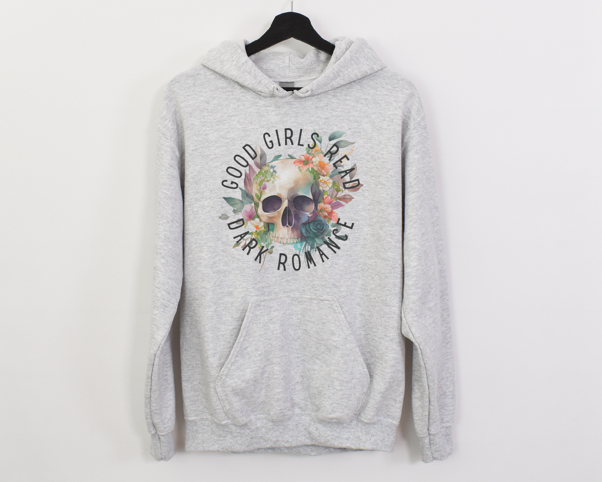 Gray hoodie with floral design and text on a white background