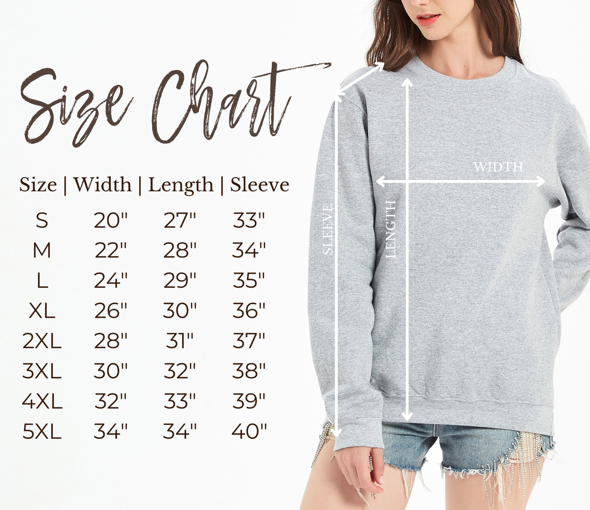 Gray sweatshirt with size chart on the left side