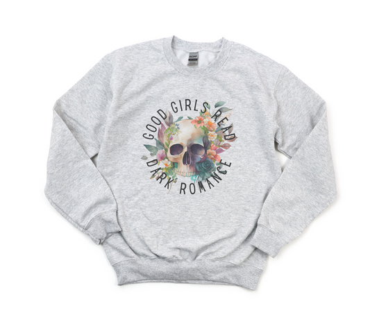 Gray sweatshirt with skull and floral design and text on a white background
