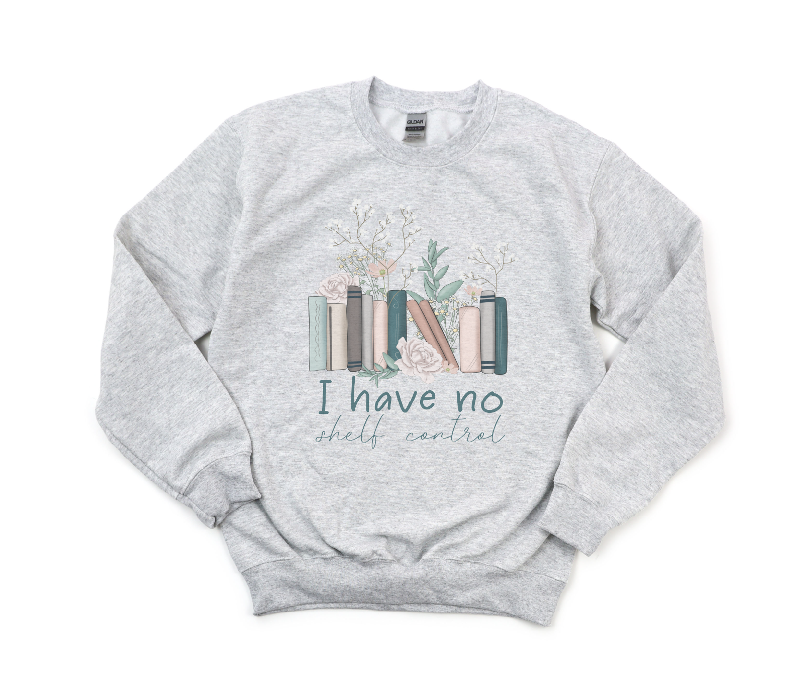 Gray sweatshirt with book-themed design and text on a white background