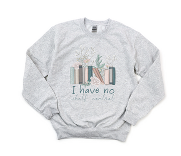 Gray sweatshirt with book-themed design and text on a white background