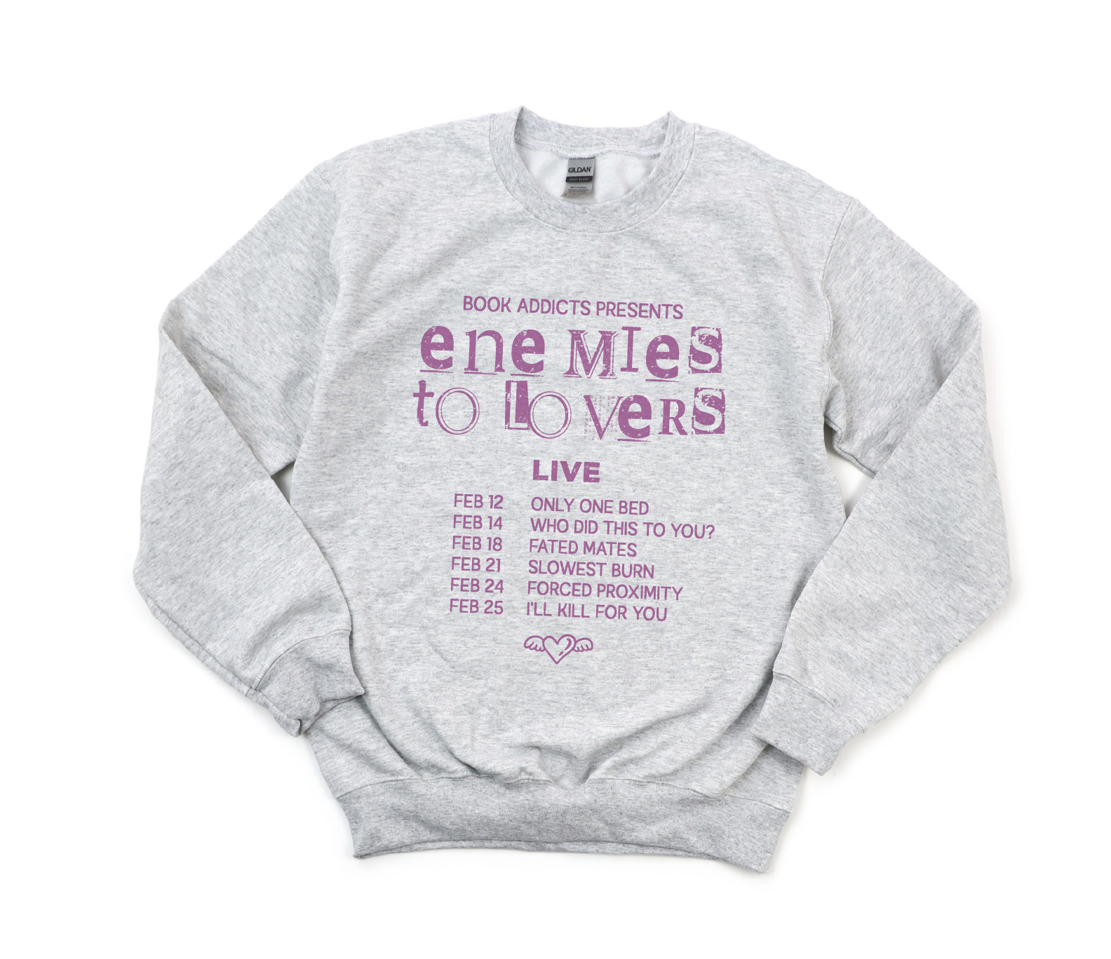 Gray sweatshirt with purple text on a white background