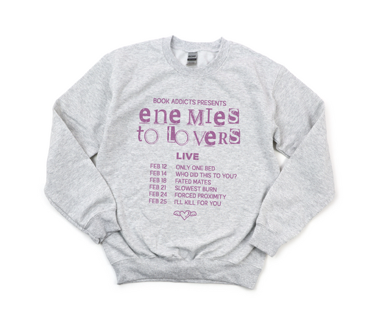 Gray sweatshirt with purple text on a white background