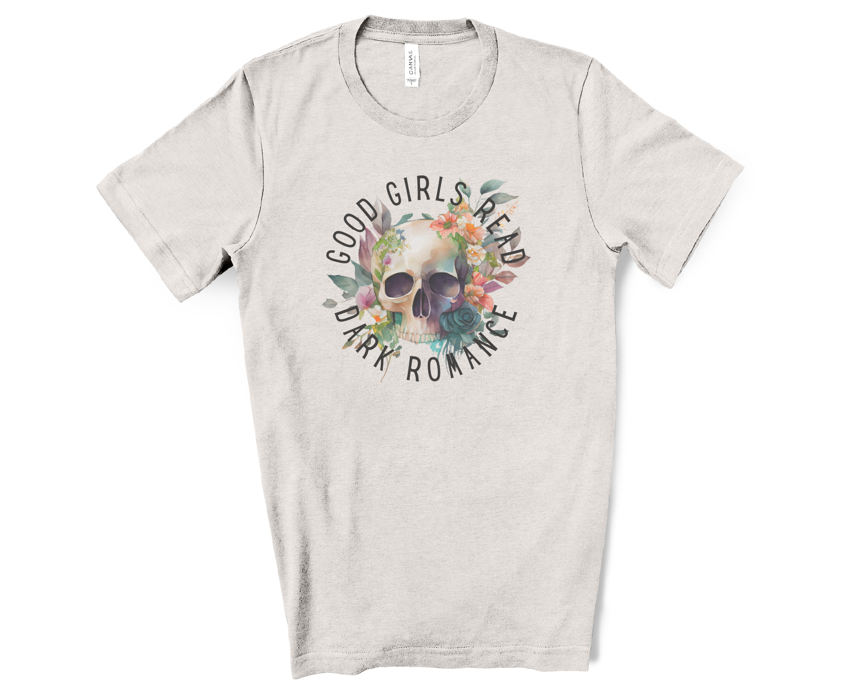 Gray t-shirt with skull design and text on a white background