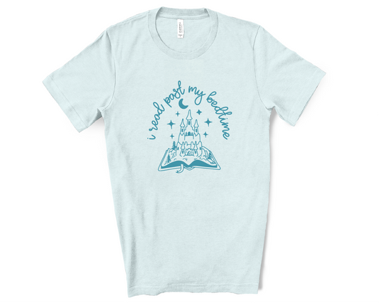 Light blue t-shirt with castle graphic and text on a white background