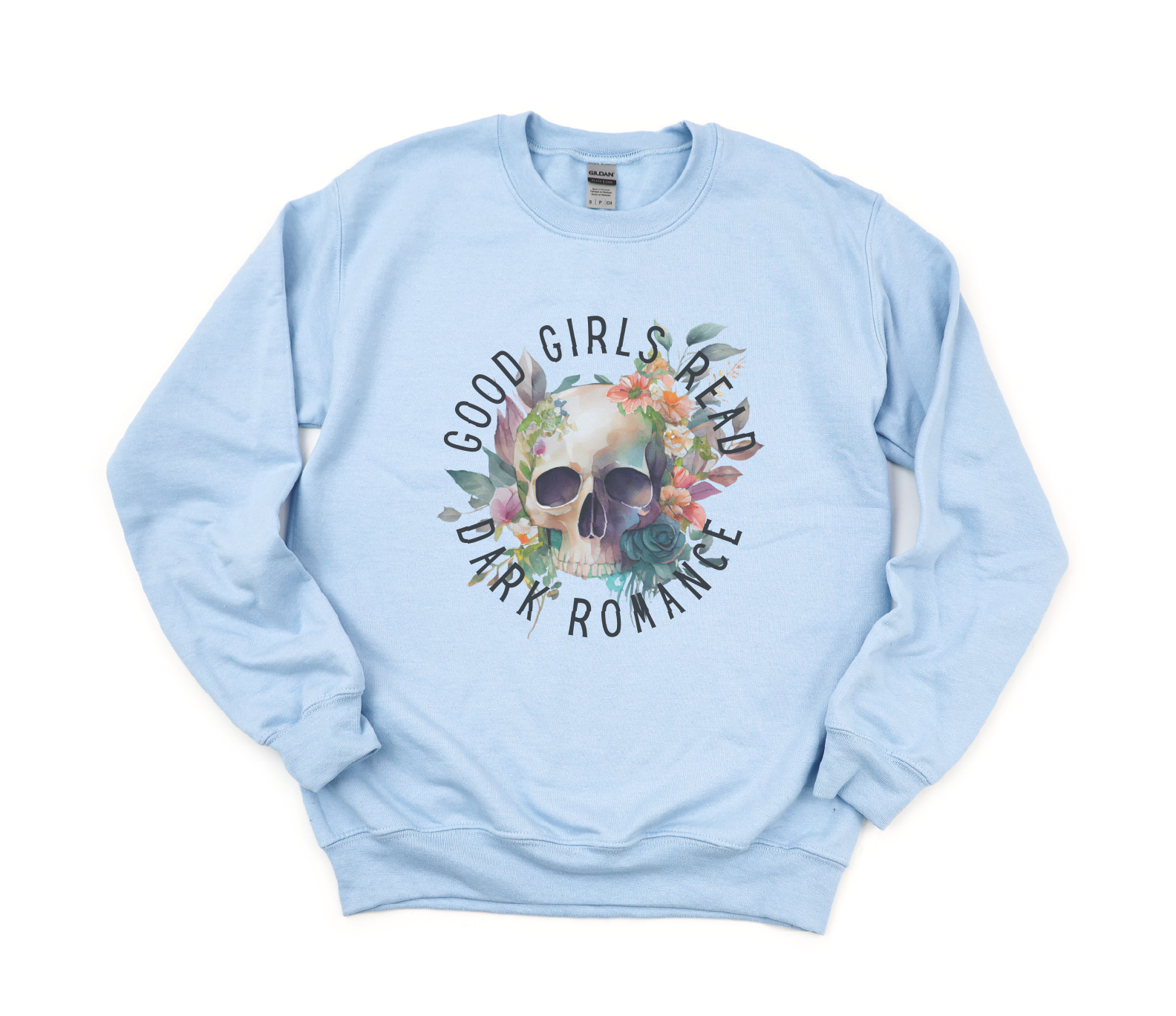 Light blue sweatshirt with skull design and text on a white background