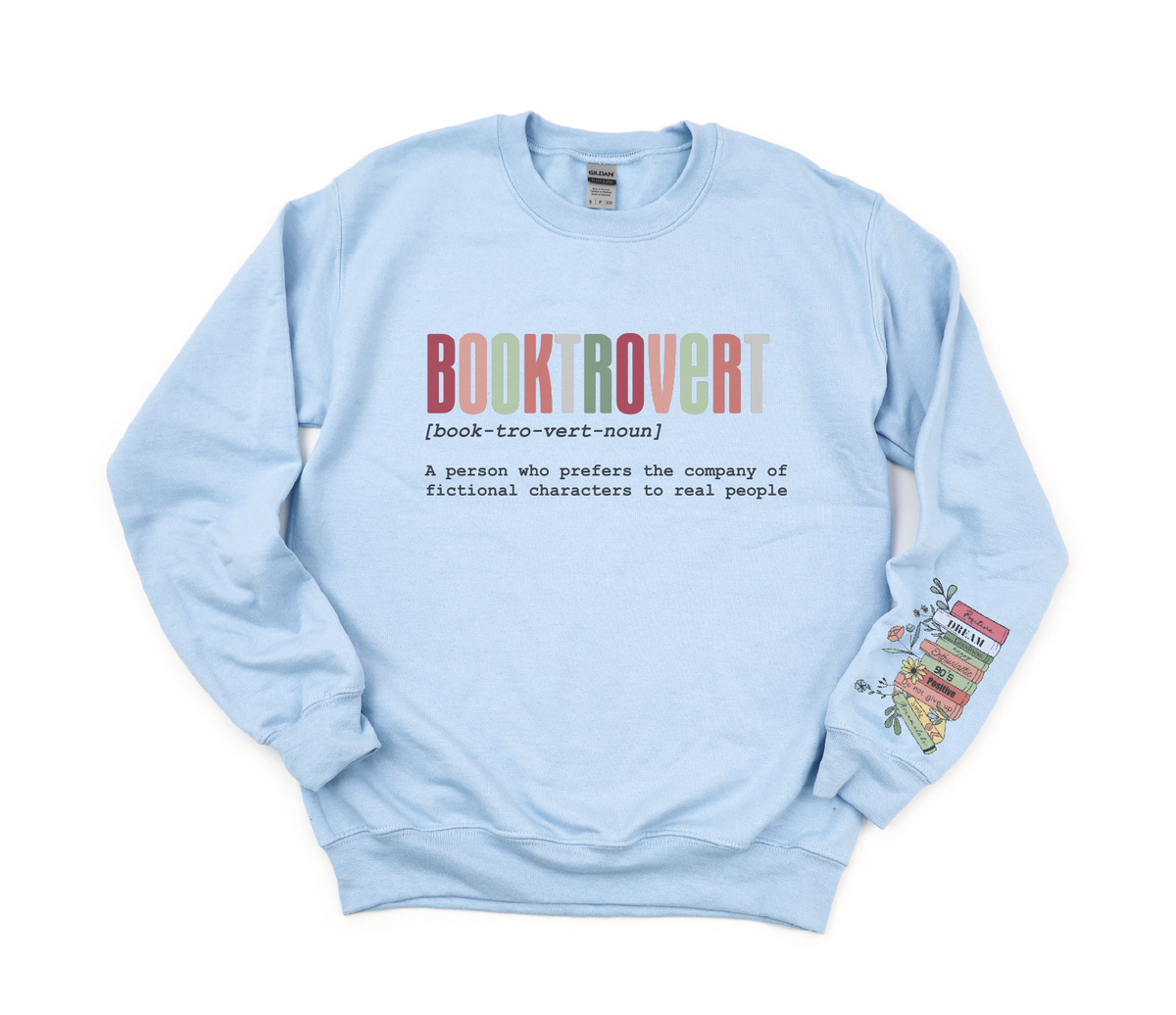 Light blue sweatshirt with colorful text and graphics on a white background