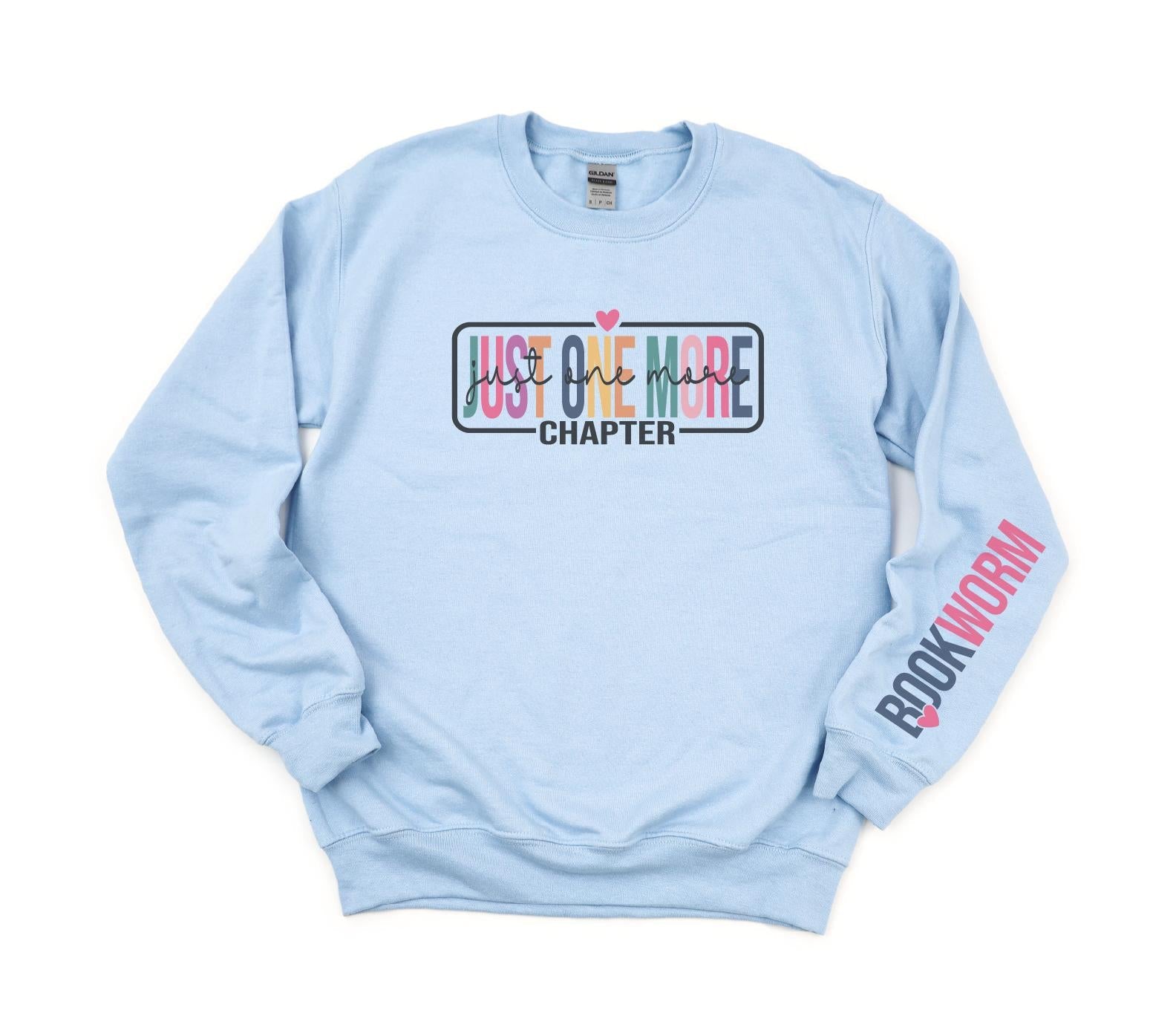 Light blue sweatshirt with text design on a white background
