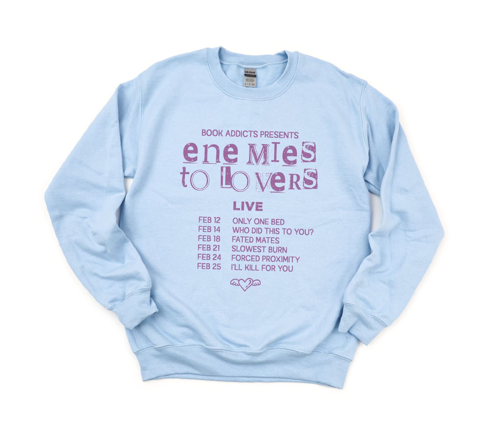 Light blue sweatshirt with text design on a white background