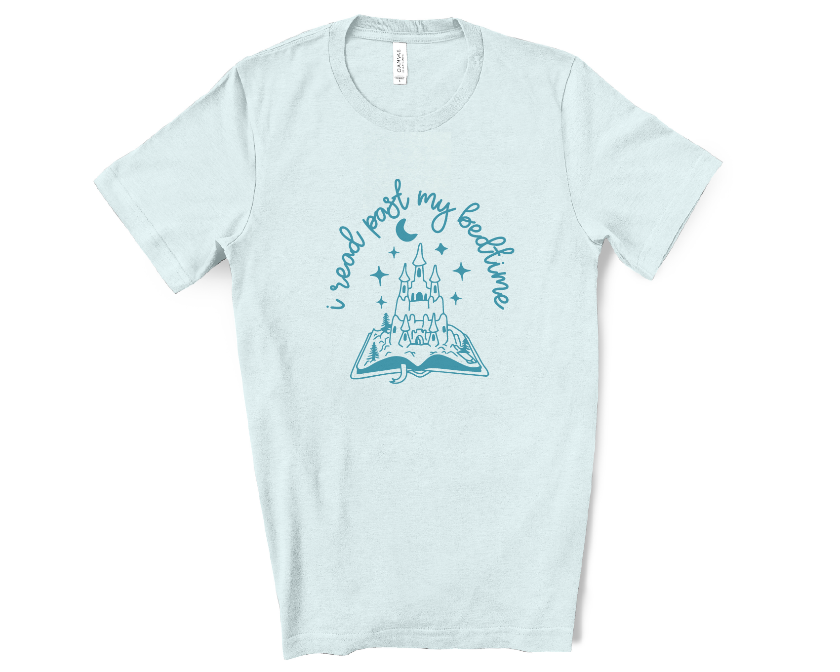 Light blue t-shirt with castle graphic and text on a white background