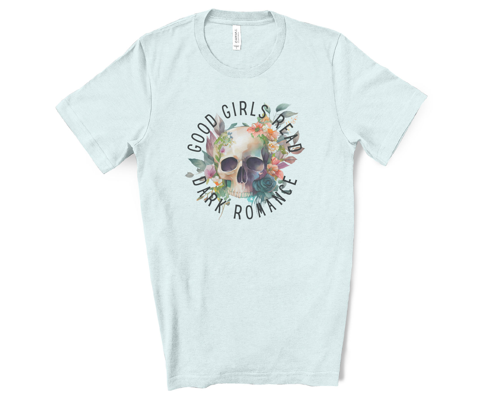 Light blue t-shirt with skull and floral design on a white background