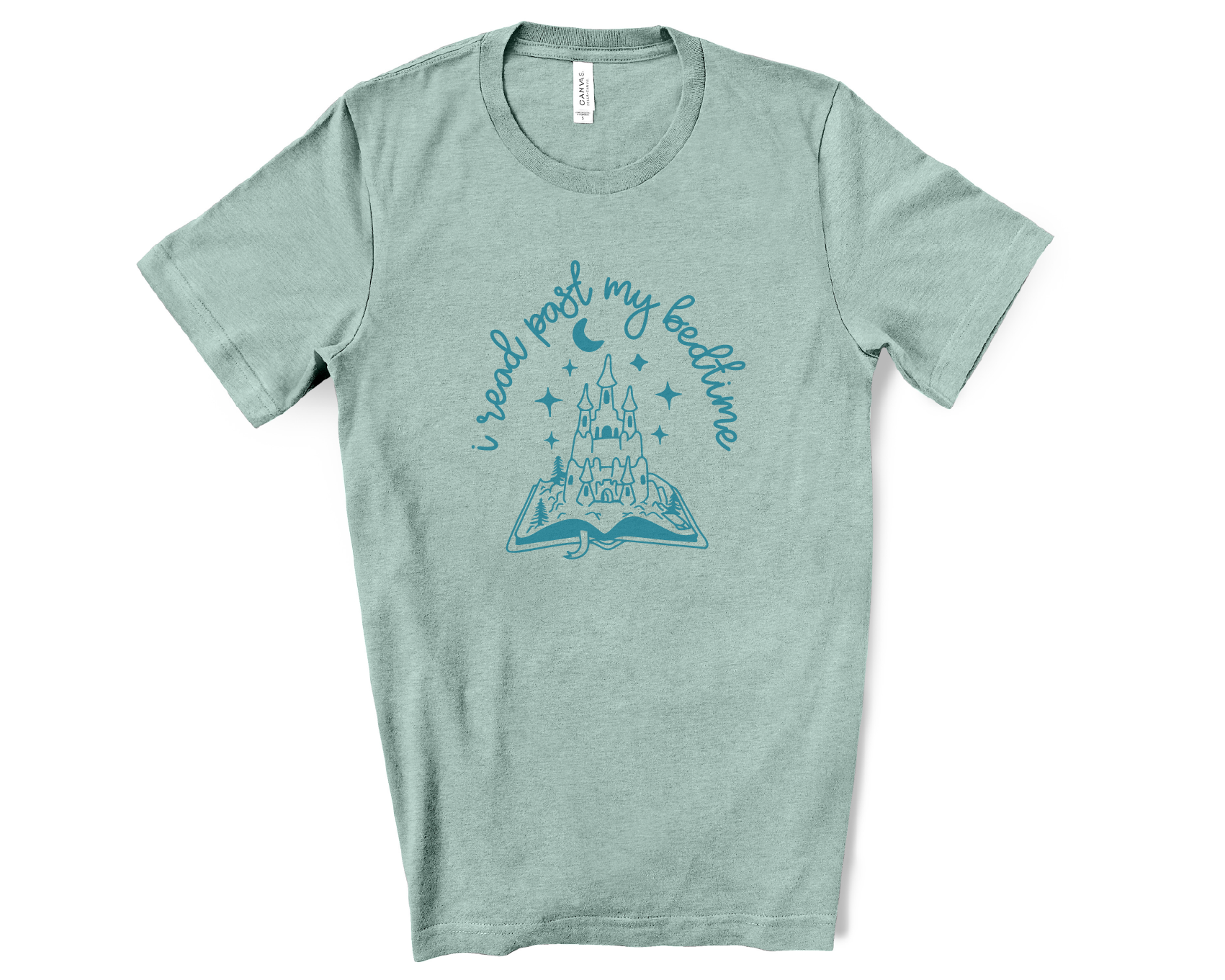 Light green t-shirt with blue castle graphic and text on a white background
