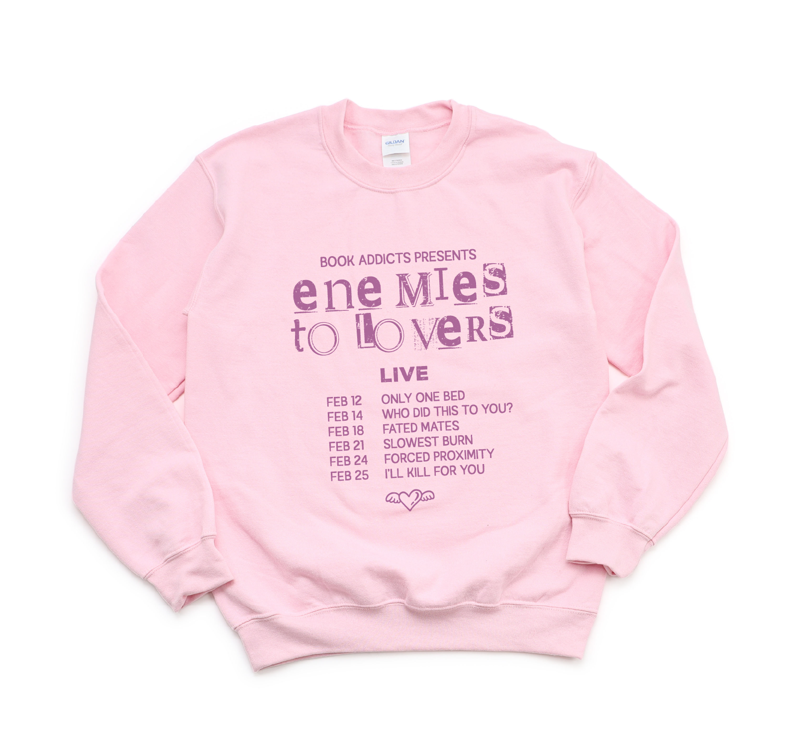 Pink sweatshirt with purple text on a white background