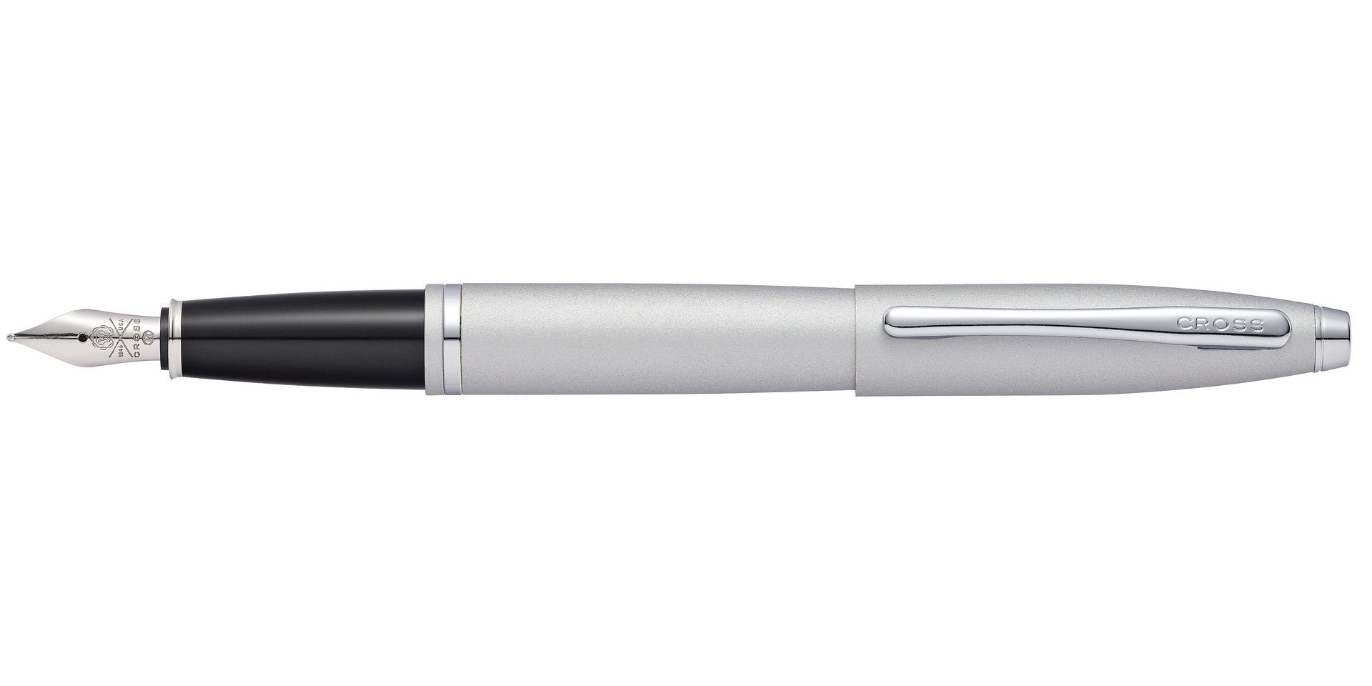 Silver pen with black accents on a white background