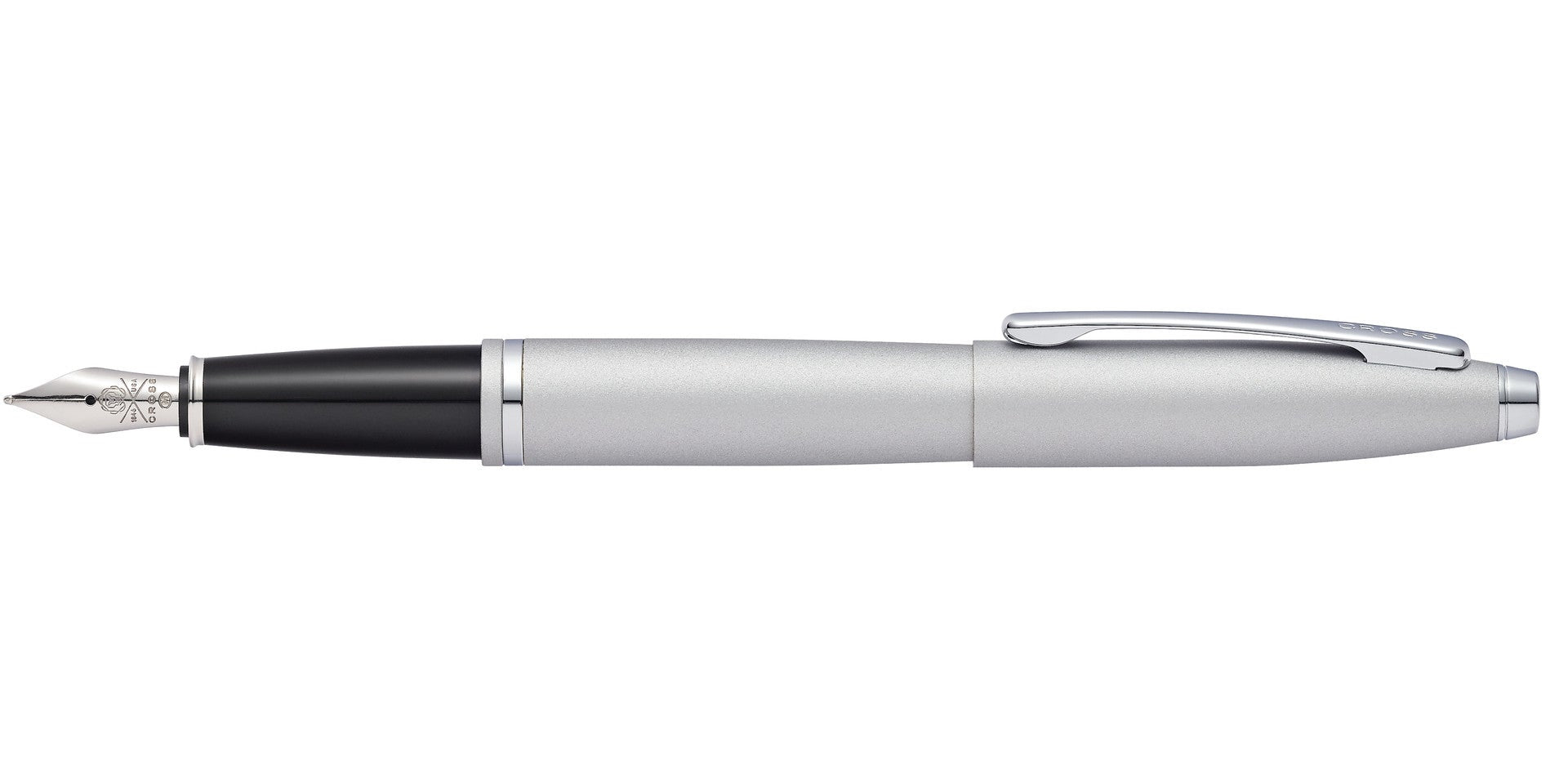 Silver pen with black accents on a white background