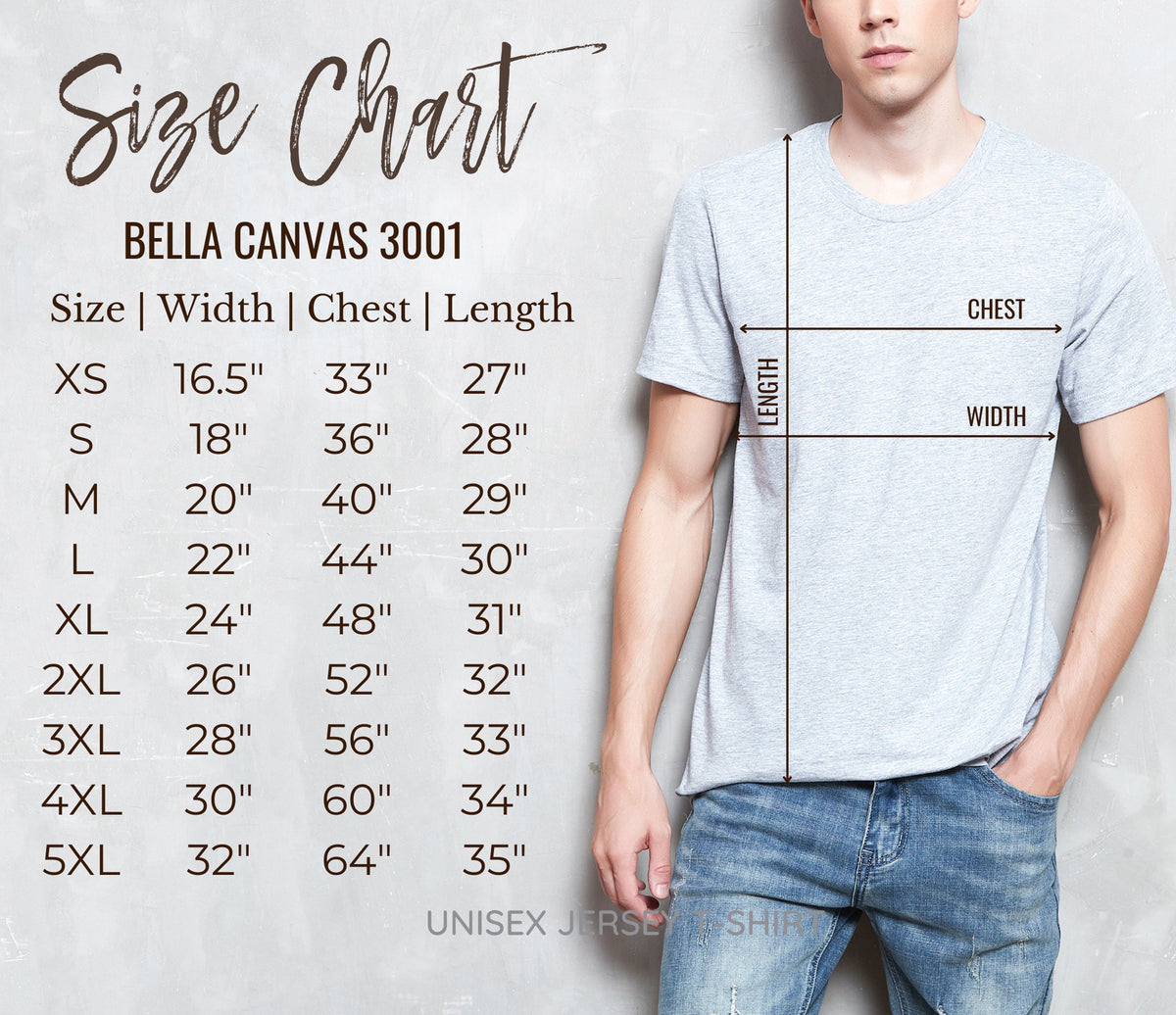 Size chart for Bella Canvas 3001 t-shirt with a person wearing the shirt.