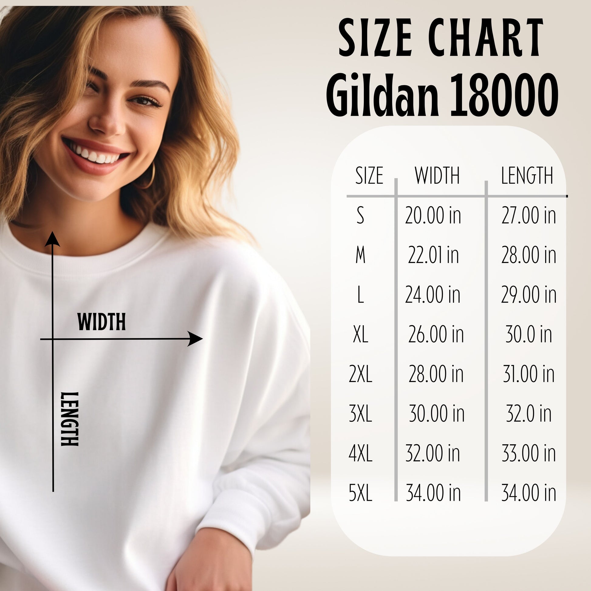 Size chart for Gildan 18000 shirts with a model wearing a white shirt.
